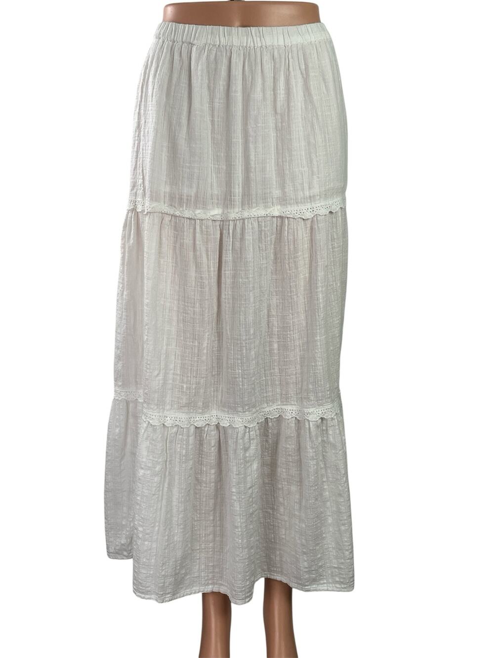 Roxy Womens White Elastic Waist Tiered Lace Trim Maxi Boho A-Line Skirt Sz XS/6